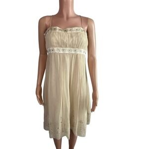 Maggy London 100% Silk Cream Embroidered‎ Midi Dress 14 Boho Luxe Coquette Style